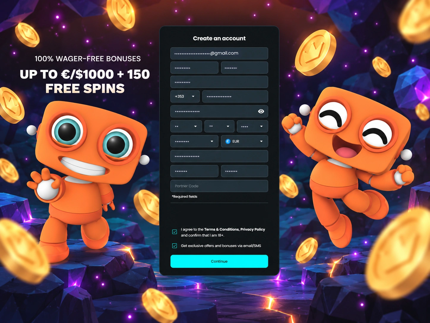 Formulaire d'inscription complet avec indicatif +353, devise EUR et champ Partner Code visibles